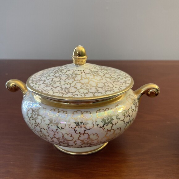 Eggshell Nautilus Cream Sugar Bowl W Lid Floral USA K47N6 F62N5 - Picture 7 of 16